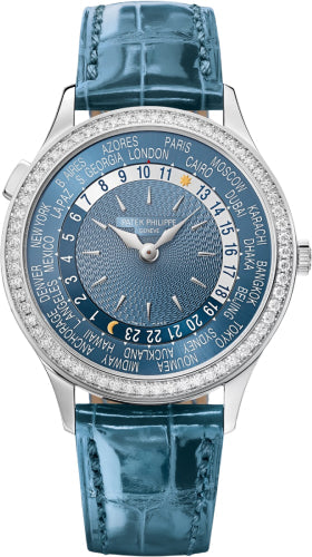 Patek Philippe Complications World Time White Gold Blue Dial Diamond Bezel | 7130G-016