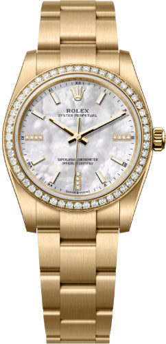 Rolex Oyster Perpetual 34 Mm 18 Ct Yellow Gold White Mother-Of-Pearl Dial Diamond Set Dial Oyster Bracelet - 124248Rbr - 2026