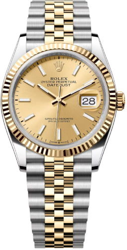 Rolex Datejust 36 Yellow Gold/Steel Champagne Index Dial & Fluted Bezel Jubilee Bracelet - 126233 - 2024