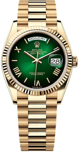 Rolex Day-Date 36 36mm Green Ombré Dial Fluted Bezel President Bracelet - 128238