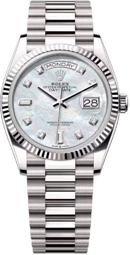 Rolex Day-Date 36 President White Gold White Mother of Pearl Diamond Dial Fluted Bezel - 128239 - 2025
