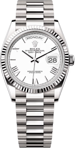 Rolex Day-Date 36 36mm White Roman Dial Fluted Bezel President Bracelet - 128239