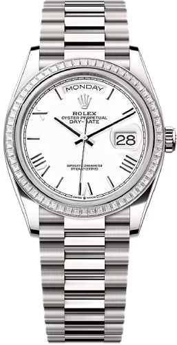 Rolex Day-Date 36 36mm White Roman Dial Diamond-Set Bezel President Bracelet - 128399TBR