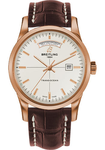 Breitling Transocean Day & Date Watch - 43mm Red Gold Case - Mercury Silver Dial - Brown Croco Strap - R4531012/G752/740P/R20D.1