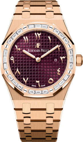 Audemars Piguet Royal Oak 33mm Rose Gold Diamond Baguette Bezel Purple Dial | 67656OR.ZZ.1261OR.01