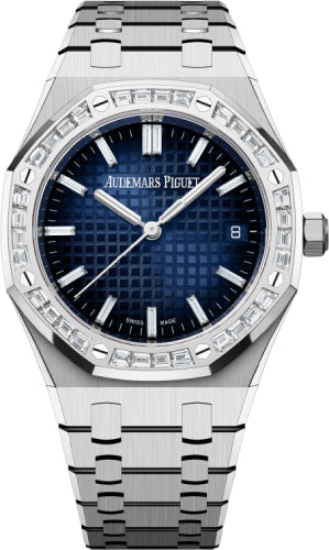 Audemars Piguet Royal Oak 34mm White Gold Diamond Set Bezel Blue Diamond Baguette Dial Watch - 77451BC.ZZ.1261BC.01